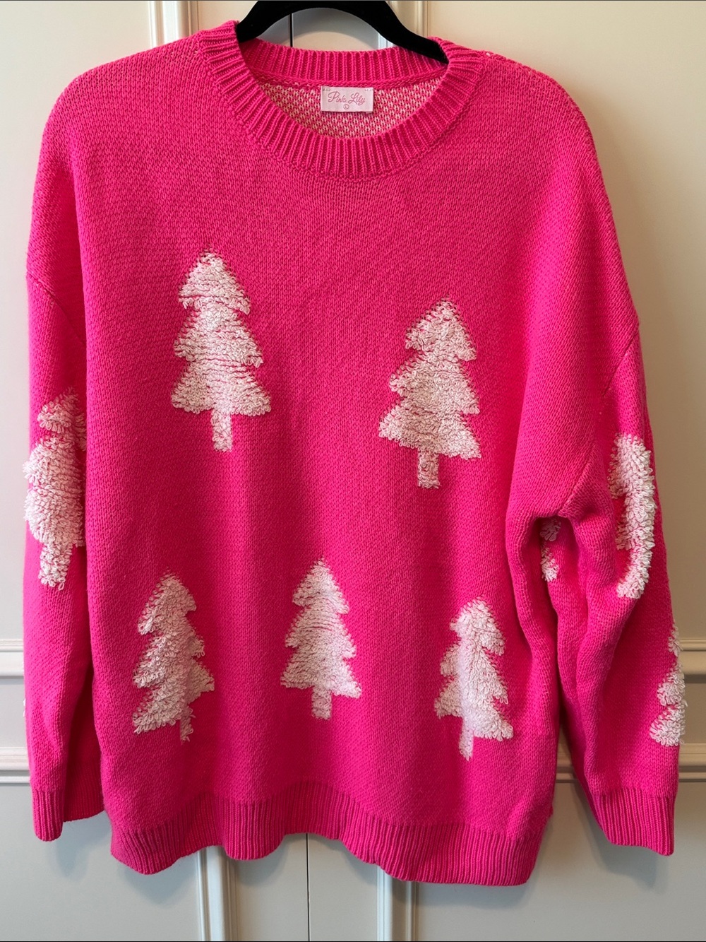 Pink Lily Bright Pink Crewneck Sweater with White Tree Motifs